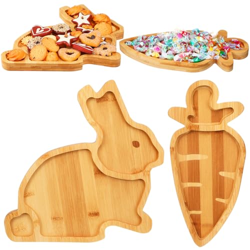 Sintuff 2 Pcs Easter Bunny Charcuterie Boards Bamboo Easter Serving Trays Platters Natural Rabbit Carrot Shaped Cutting Boards Cute Candy Dishes for Housewarming Party Supplies(Bunny)