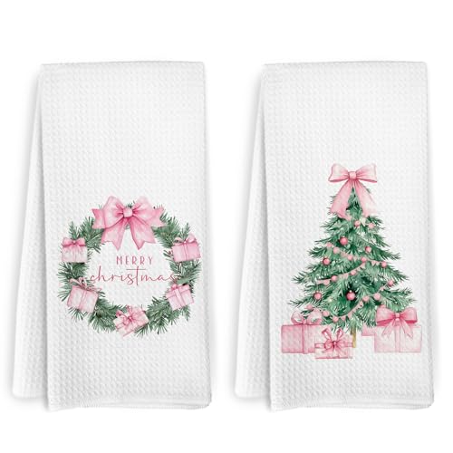 KFXHANGD Pink Christmas Kitchen Towels Set of 2, Pink Christmas