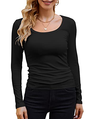 GEMBERA Womens Long Sleeve Scoop Neck Ribbed Knit Tops Casual Slim Fitted Basic Shirts