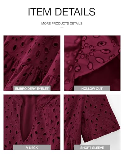 Image of BTFBM Womens Boho Summer Dresses 2026 Spring V Neck Short Sleeve Hollow Out Lace Ruffle Casual Beach Mini Vacation Dress