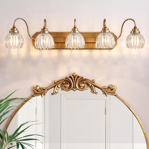 Image of Vintage Gold Bathroom Light Fixtures,5 Light Tulip Crystal | Brushed Gold Vanity Lights,Matte Antique Brass Finish, Mid Century Style, Wall Sconces for Bedroom, Easy to Install