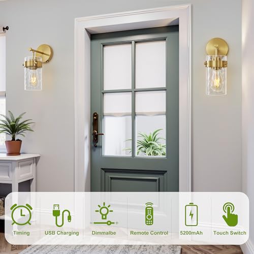 Image of Battery Operated Wall Sconces Set of 2 Gold Rechargeable Wall Light with Dimmable Bulbs and Remote Wireless Wall Lamps with Hammered Glass Lampshade for Bedroom Living Room Hallway(2 Pack)