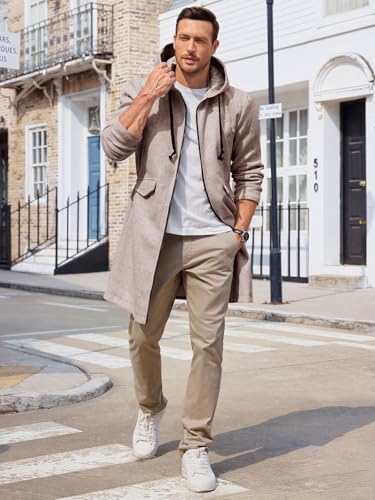 Image of ZIWOCH Mens Trench Coat Wool Blend Hoodie Long Jacket Full Zip Winter Classic Business Overcoat