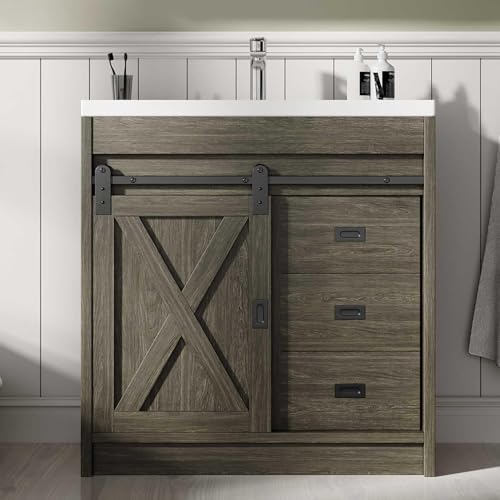 4ever2buy Farmhouse Bathroom Vanity with Sink, Bathroom Vanity Cabinet with 2 Drawers & Sliding Barn Door, Small Bath Storage Vanity Sink Set with Metal Handles, Wash Grey