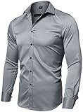 FLY HAWK Mens Dress Shirts, Button Up Slim Fit Collared Formal Shirts Gray Button Down Shirt 15' Neck 32' Sleeve, 38