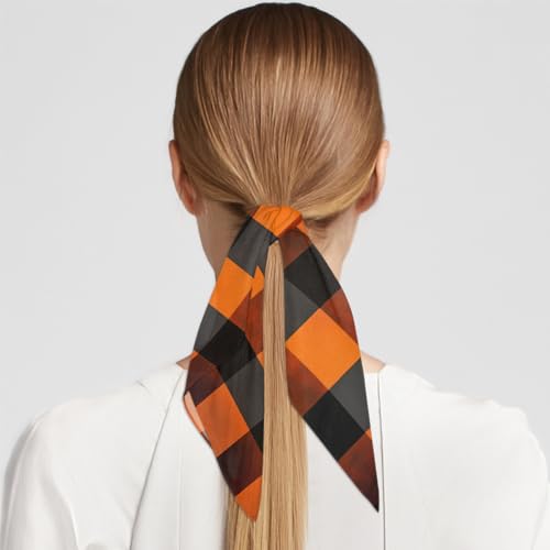 Black Orange Plaid Pattern Square Silk Scarf for Women, 23.6" Lightweight Fashion Scarves Wraps, Silk Like Hair Neck Scarf Headband Bandanas for Ladies4