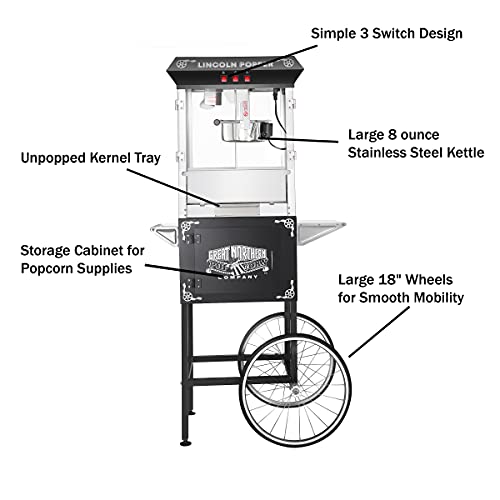 Great Northern Popcorn Company 6005 Black Antique Style Lincoln Popcorn Popper Machine W/Cart 8 Oz #TOP2