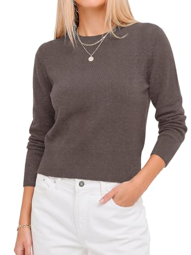LaGracia Cropped Sweaters for Women Long Sleeve Business Casual Sweater Crop Tops Crew Neck Lightweight Cashmere Spring Fall Outfits Coffee M