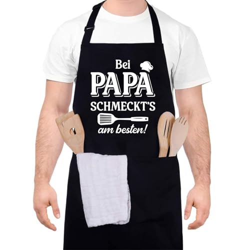 Livdouyu Grillschürze Papa Schürze - Bei PAPA SCHMECKTS am besten Verstellbarem Kochschürze für Männer mit 2 Taschen Geschenk für Papa zum Geburtstag Grillparty Vatertag Weihnachten