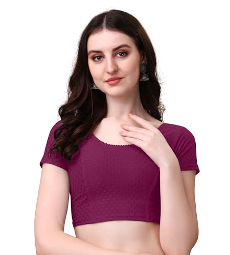 Image of Mogsa Women's Stretchable Dobby Cotton Lycra Saree Blouse | Readymade Stitched Blouse | Round Neck | Short Sleeve | Soft & Comfortable Ethnic Blouse for Saree Wear