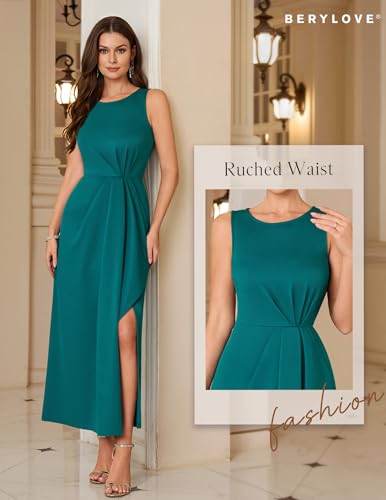 BeryLove Formal Wedding Guest Long Dress for Women with Slit Scoop Neck Classy Sleeveless Prom Dresses Ruched Maxi Cocktail Party Gala Gown TealBlue XL — view 4