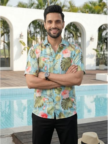 Image of BROWN CULTURE Men Loose Fit Casual Shirt | Oversized Cotton Blend Half Sleeve Shirt | Relaxed Fit Printed Fashion Shirts | Stylish Modern Graphic Streetwear Top for Men