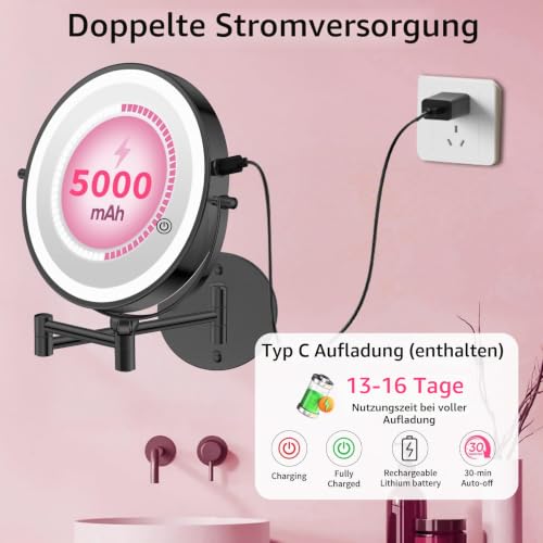 Famihomii 5000mAh 9 Zoll Höhenverstellbar Wiederaufladbar Kosmetikspiegel – Ansicht 2