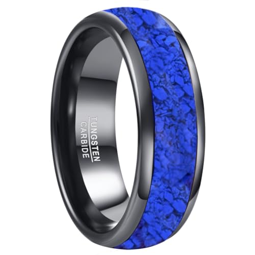 Vakki Black Blue Tungsten Rings for Men Women Lapis Lazuli Inlay 4mm 6mm 8mm Gunmetal Tungsten Carbide Engagement Wedding Band Domed Comfort Fit Size 5-12