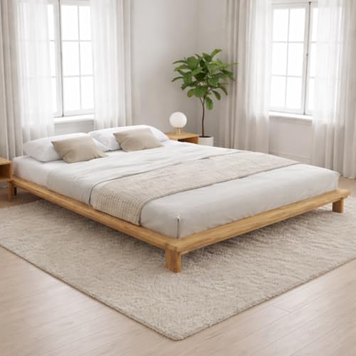 skølm Skald Futonbett 180x200 cm – Bettgestell aus Massivholz Eiche – Massivholzbett in Natur geölt & lackiert – Bettrahmen 25 cm hoch – stabiles Bett mit Stauraum – Holzbett geeignet als Doppelbett