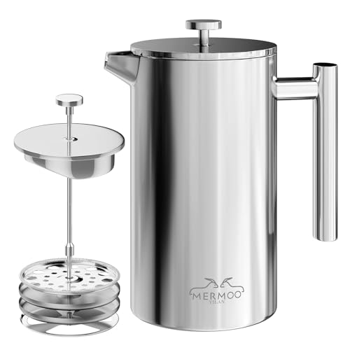 MERMOO YILAN French Press - Cafetera de acero inoxidable con aislamiento resistente para el hogar, viajes, camping, al aire libre (plateado)