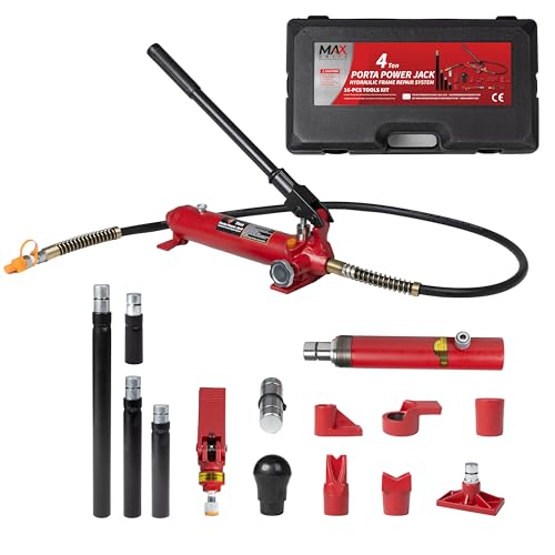 4 Ton (8800 lbs Capacity) Porta Power Jack Hydraulic Ram Auto Body Frame Collision Repair Kit Set, 16-Pcs, with Blow Mold Carrying Case for Cars, Trucks, SUVs & More