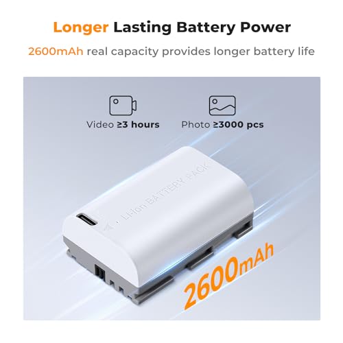 K&F CONCEPT 2 Pack 2600mAh LP-E6NH Battery with USB C 2.5H Fast Charging for Canon R7 R6 R5 90D 80D 70D 5D Mark II III IV Cameras