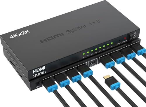 4K 1x8 HDMI Splitter 4K HDMI Splitter 1 in 8 Out HDMI Splitter Multi Monitor Outputs Support 4K Ultra HD & 3D 8 Port Powered HDMI Splitters for Commercial Office/PS4/HDTV/Projector (UK Standard)