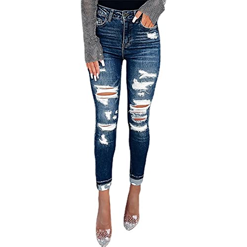 Legging en jean pour femme délavé bleu taille haute à trous en taille L