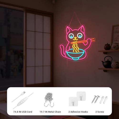 Image of Ramen Cat Neon Sign for Wall Decor, Cute Cat Neon Sign Ramen LED Signs for Wall Art Decor Restaurant Home Bar Kitchen Dining Bedroom Art Decor Christmas Gifts