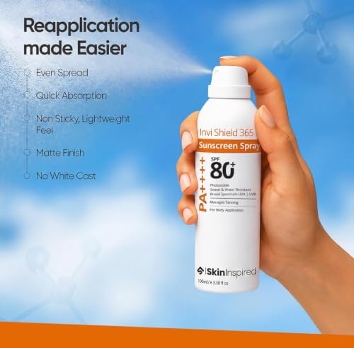 Image of SkinInspired Invi Shield 365 Body Sunscreen Spray SPF 80+ PA++++ | Ultra-Light, Quick-Absorbing, Non-Greasy Sun Protection | No White Cast, Water & Sweat Resistant | Broad Spectrum UV Defense | 120ml (Pack of 2)