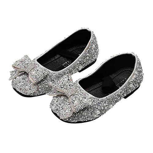 OMEARK Kids Dress Shoes Girls Low Heel Glitter Party Shoes Princess Round Head Wedding Pump Shoes Breathable Slip on Rhinestone Sandals with Sequin Bling Bowknot