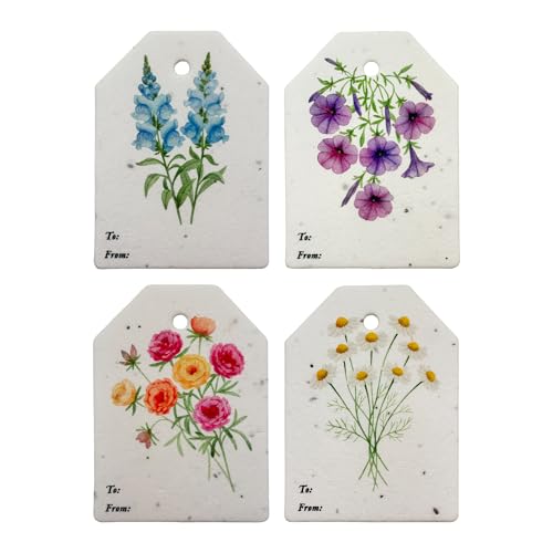 Seed Bloom 24Pcs Plantable Seed Paper Tags with Wildflower Seeds 4 Floral Designs 12 Each Thank You Tags for Birthdays Weddings Baby Shower Bridal Shower Teacher Wrapping Tags Party Favors