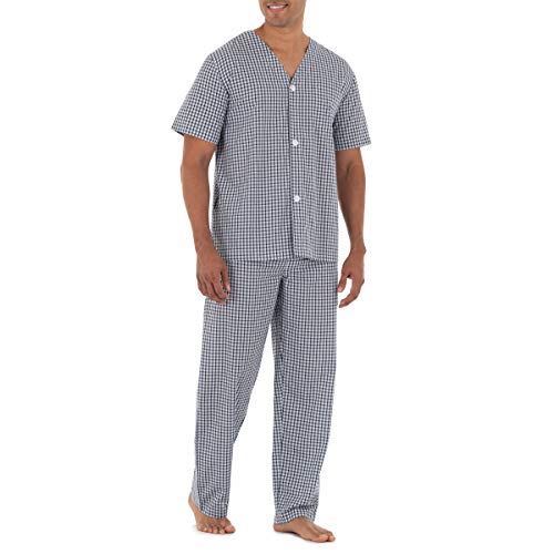 Image of Fruit of the Loom Men's Broadcloth Short Sleeve Top and Long Pants Pajama Set