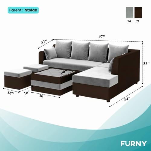 Image of CASASTYLE Stylify 8 Seater Fabric RHS L Shape Sofa Set with 1 Centre Table & 2 Ottoman (Light Grey-Dark Brown) 8 Person Seating with Premium Velvet Finish | Ideal for Living Room