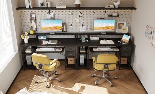 Xyphren Biurko z 2 szufladami, 120 x 50 cm półka boczna z regulacją wysokości, stojak na monitory, gniazdo i tacę na klawiaturę, biurko do gier do domowego biura, biura i salonu, czarne