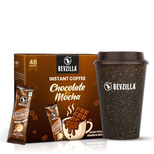 Bevzilla 48 Chocolate & Mocha Instant Coffee Sachets with Eco-Friendly Bio-Composite Tumbler | Bamboo Fiber, Coffee Husk & Rice Husk | Plastic-Free Ca