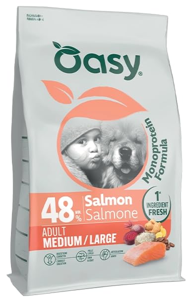 Oasy Dog Monoprotein Formula | Adult | Medium - Large | Salmone | Cibo Secco per Cani Adulti di Taglia Medio - Grande | Sacco da 10 Kg