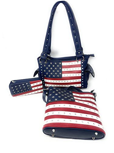 Premium American Flag Rhinestone Women's Handbags Purse Wallet Set in 7 Colors2