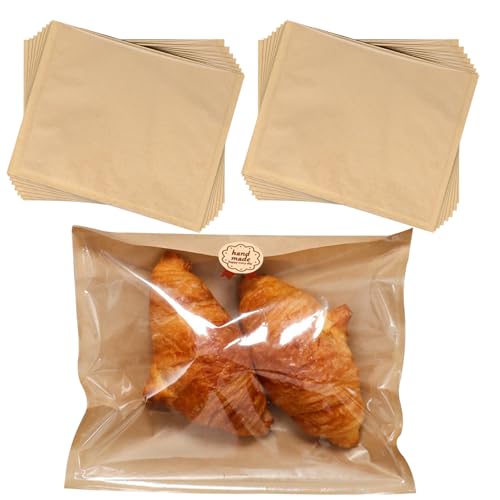 100 Pcs Kraft Paper Sandwich Bags,21x25 cm Paper Bags for Food Toasty Bags Cake Bags Paper Food Bags with Sticker,Reusable Food Lunch Bags for Sweets Cookies Snacks Baking Food Packaging (Brown)