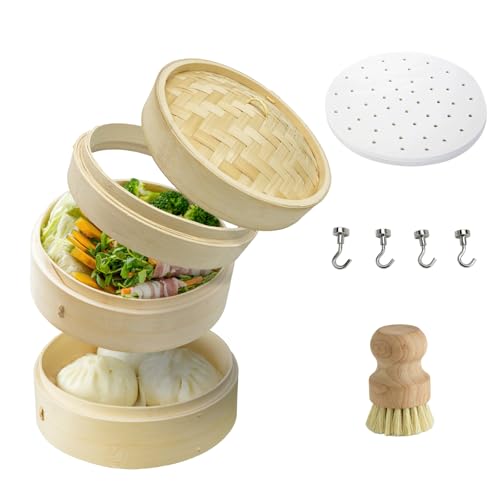 【初心者でも届いてすぐ使える オールイン蒸篭セット】DQCORAL せいろ蒸し器 21cm 2段 単品【高さ調整輪 + シート100枚 + 紙ヤスリ(ささくれ防止用) + ブラシ付】竹 蒸篭 天然竹 職人手作り 業務用 中華せいろ 蒸し料理 茶わん蒸し 野