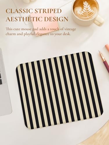 Image of Square Cute Striped Mouse Pad with Stitched Edge, Premium Waterproof Cloth Aesthetic Small Stripe Mouse Mat, Non-Slip Rubber Base Funny Mousepad Desk Accessories,Striped Black Grey