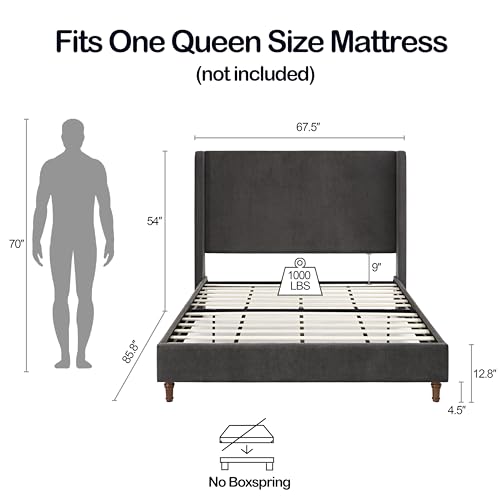 QUOPID Queen Upholstered Bed Frame with 54" Tall Headboard in Dark Gray Velvet - No Box Spring Needed, Easy Assembly, Metal Frame with Wooden Slats & Walnut Finished Solid Wood Feet by QUOPID - Image 2