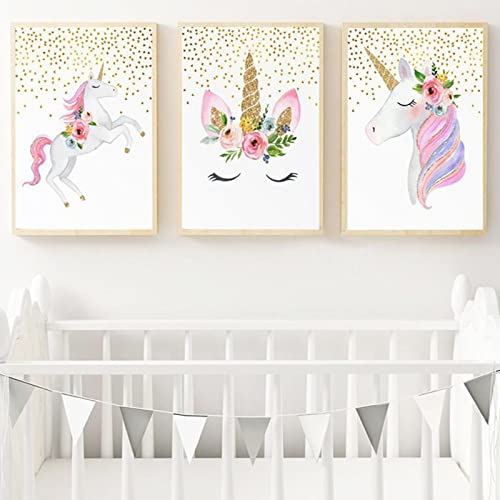 wurenhui 3 Poster Licorne Fille Fleur Rose Dorée Affiche Chambre Bebe 30x40 Toile Colorée Animaux Tableau Decoration Murale Enfant sans Cadres Cover