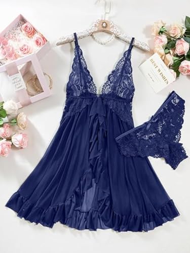 Image of Women's Lace Babydoll Lingerie Set, Black, Deep V-Neck, Sheer Mesh, Ruffle Hem, with Panty