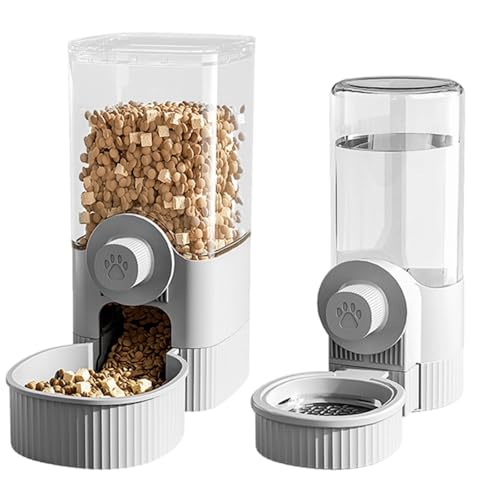Sacolin Pet Food and Water Dispenser Set, 1200 ml/40 oz Automatic Hanging Dog Food and Water Dispenser, Detachable Cage Bowl Design, for Cats and Small Medium Dogs, Grey