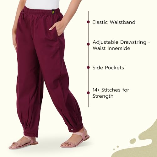 Image of Happy Bunny Women's Cotton Afghani Salwar with Lace Embroidery Detailing - Elastic Waist, Comfortable Loose Fit Bottoms for Casual, Ethnic