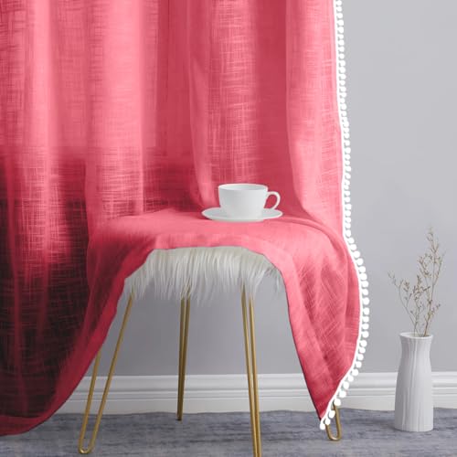 Image of THE LINEN COMPANY Cotton Sheer Grommet Curtains with Side Border Pompom Sheer Curtain for Window Linen Textured, Light Filtering, Pack of 2 (Pink, 5 Feet)