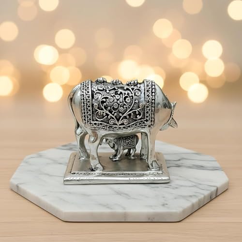 Image of 999 Pure Silver Plated Kamdhenu Cow Idol | 4 Inch Vastu Home Decor | Symbol of Prosperity & Abundance | Auspicious Religious Gift for Pooja Room & Mandir