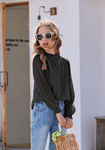 Image of Arshiner Girls Long Sleeve Shirts Chiffon Blouses Swiss Dot Frill Neck Top