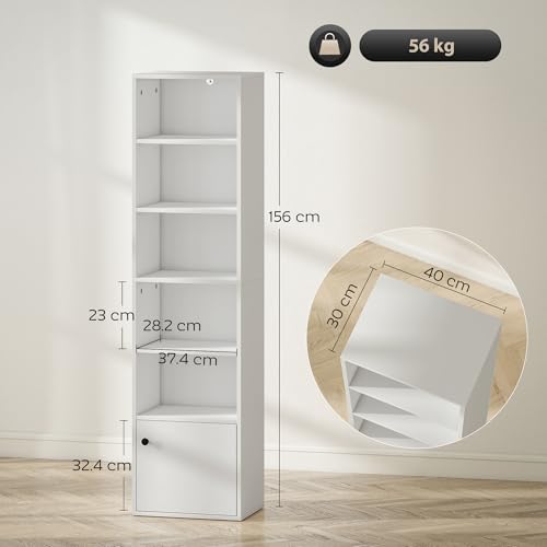 HOMCOM Tall Bookcase, 6-Tier Narrow Bookshelf with 3 Adjustable Shelves and Cupboard, Modern Freestanding Shelving Unit for Living Room, Home Office, White - Image 6