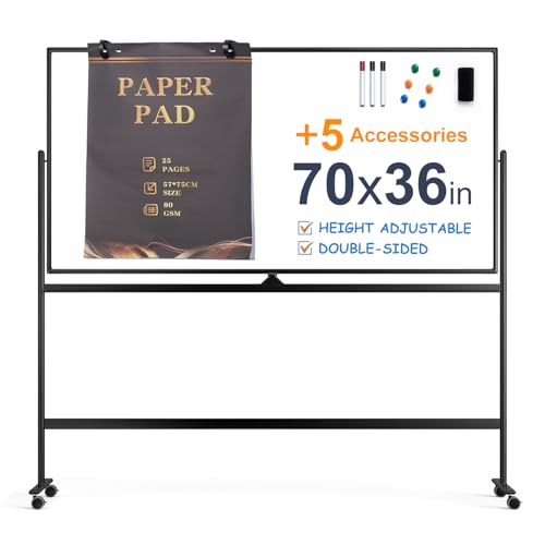 Image of Large Dry-Erase Rolling Magnetic Whiteboard - 70 x 36 Inches White Board Height Adjust Double Sides Mobile Portable Easel on Wheels, Dry Erase Board with Stand for Office, Home & Classroom