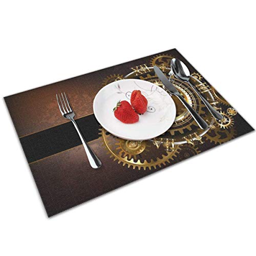Reloj antiguo e inesperado con engranajes de oro y latón sobre fondo marrón Steampunk Manteles individuales Modernos manteles de 30 x 45 cm Juego de 4, lavable, impermeable, antideslizante, de microfi