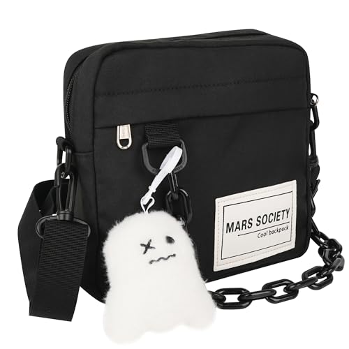 Small Crossbody Messenger Bag for Women Men, Cute Nylon Shoulder Purse Bag with Detachable Ghost Pendant, Black