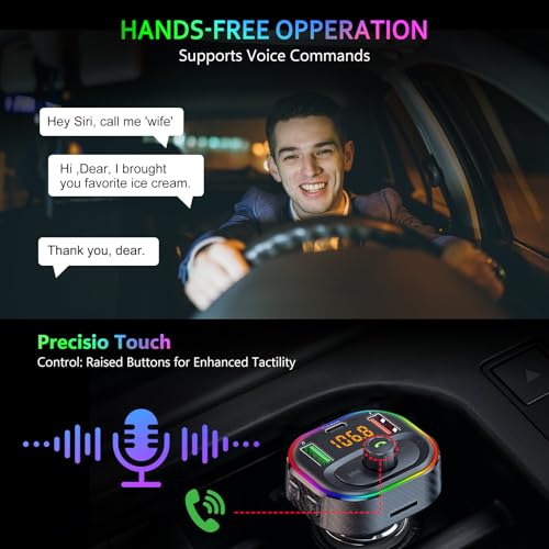 SETHDA FM Transmitter Bluetooth Car Adapter, Fast Charging 48W (PD30W & 18W), Dual Mics & HiFi Deep Bass Sound, QC3.0 USB C Car Charger Adapter, Wireless Radio Receiver - T86 Black - Thumbnail 5